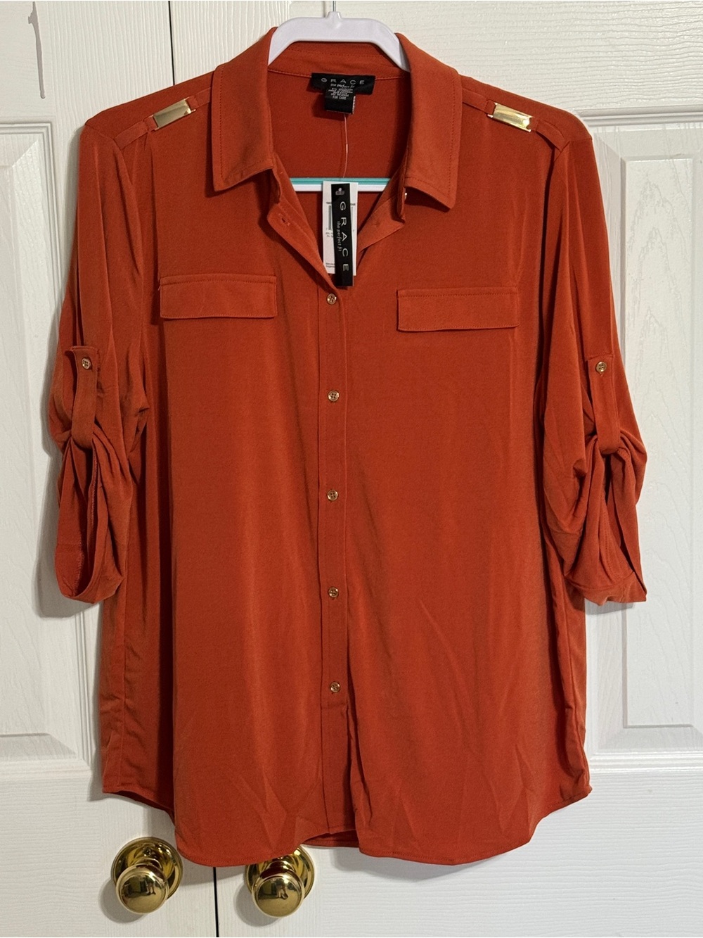 Grace Women's Rust Button-Front Blouse with Gold Accents